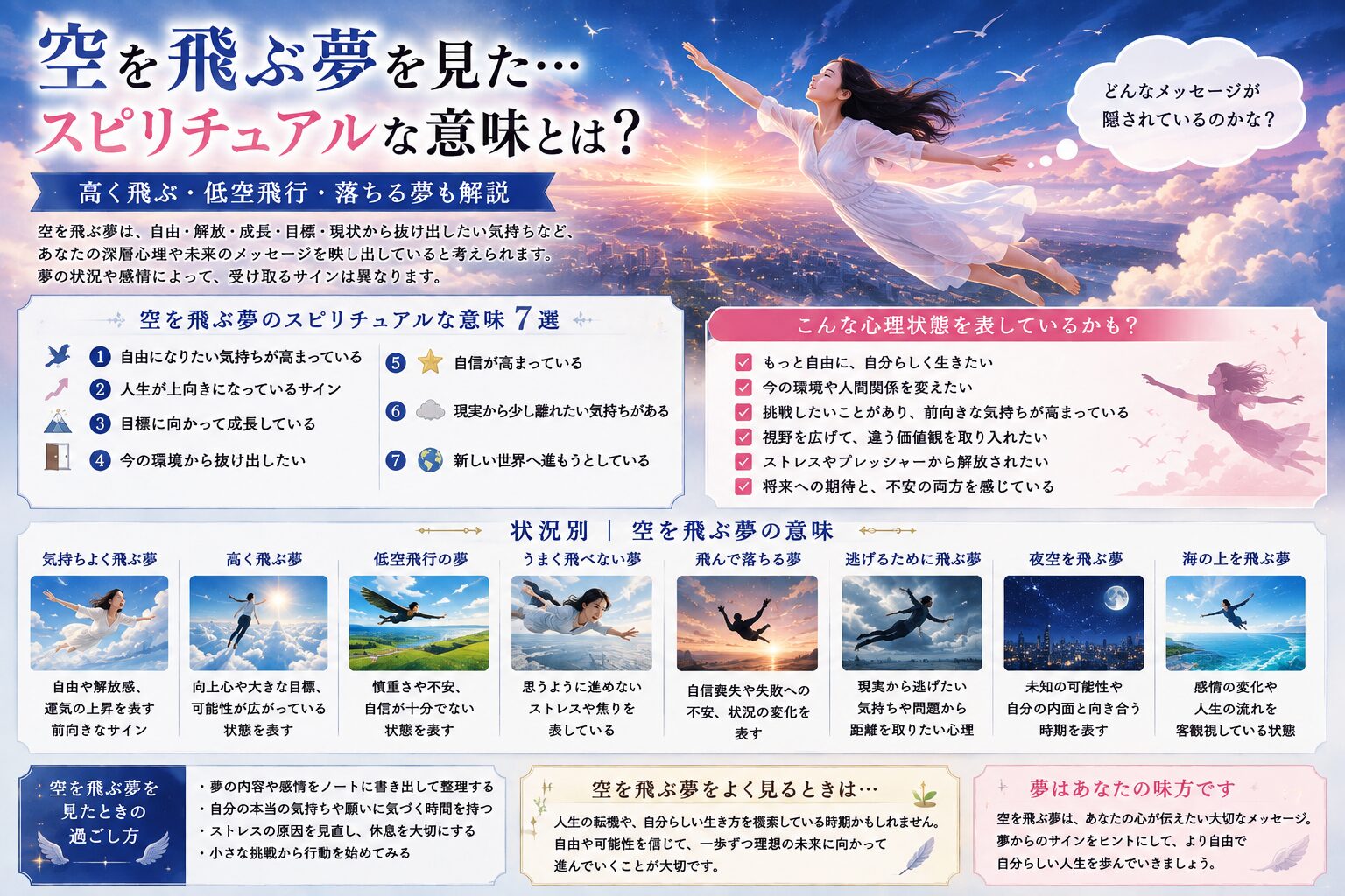 空を飛ぶ夢のスピリチュアルな意味7選｜高く飛ぶ・低空飛行・落ちる夢も解説